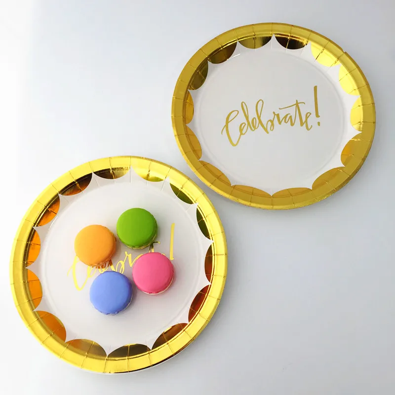 

Free Ship 32pcs Round 9" Paper PLATES Foil Gold Hot Pink Green Dishes for Wedding Family Celebration Evening Graduation Party