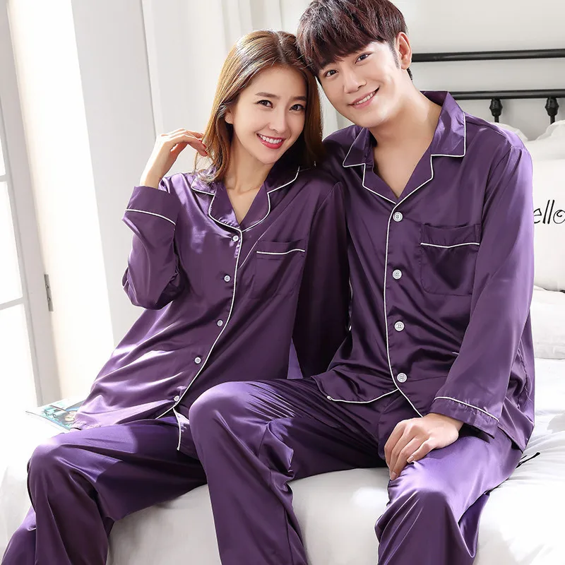 

Solid Color Sleepwear Silk Satin Pajamas Couple Set Long Button-Down Pyjamas Suit Pijama Women Men Loungewear Plus Size Set