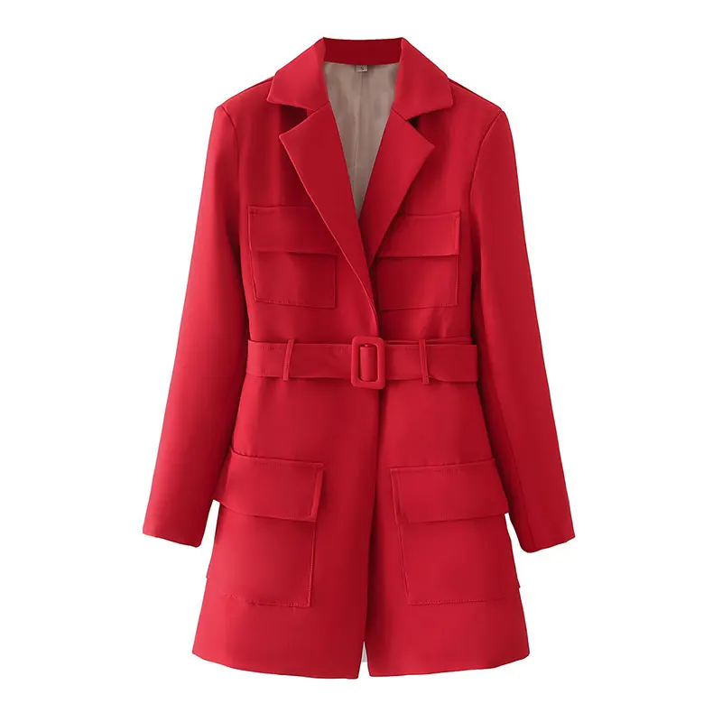 

Женский блейзер с карманами Za, Красный винтажный пиджак с длинным рукавом и поясом, верхняя одежда, офисные шикарные топы, 2021