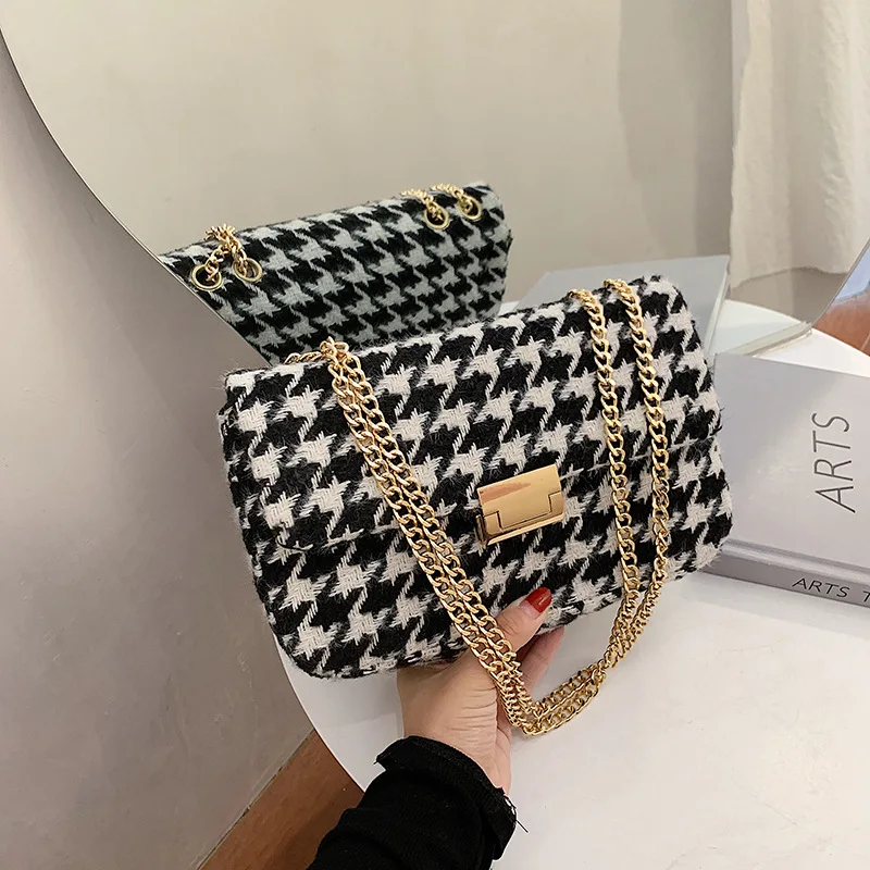 

Women Bag Wool Plaid Wide Chain Celebrity Inspired Bag Square Sling Bag Houndstooth Woolen Shoulder Sac Female Crossbody bolsa