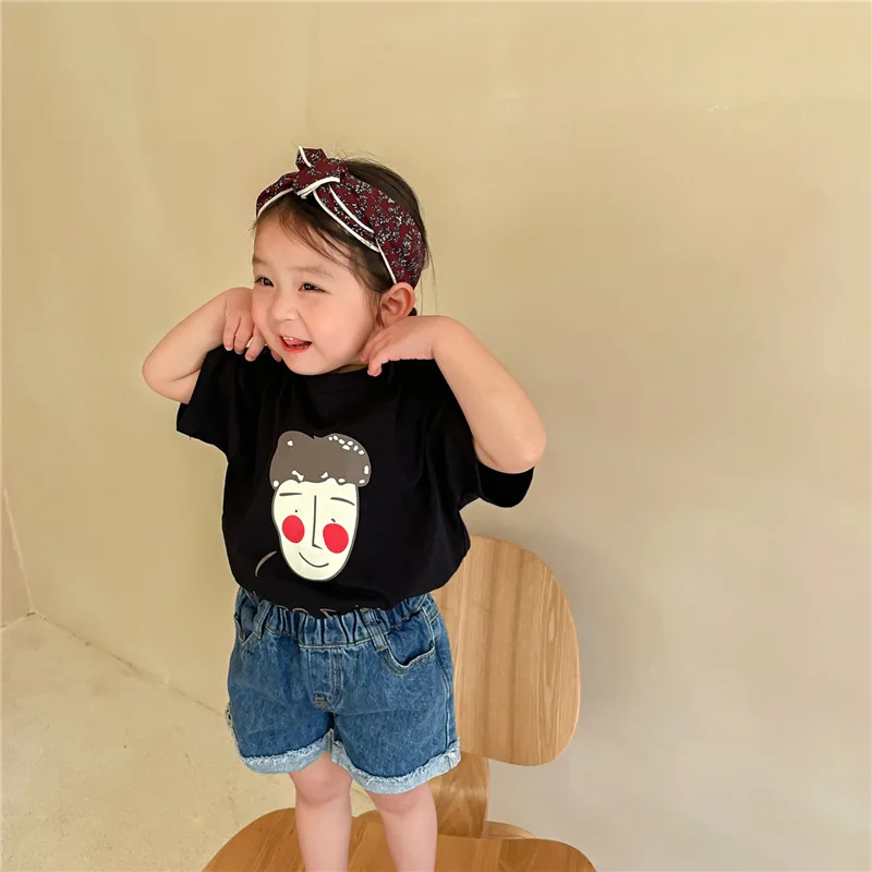 

7977 Children T Shirt Boys Cartoon Tops Summer 2021 Children's Tricolor Head Print T shirt Short Sleeve Baby Girl Cute Tops