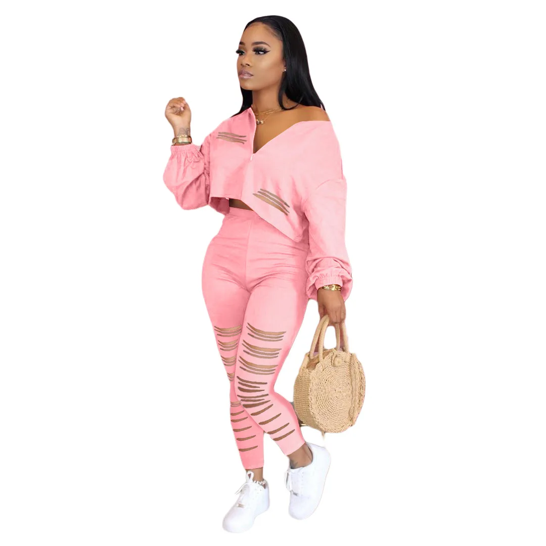 

Sport Solid Hole Hollow Out Two Piece Set Women Tracksuits Long Lantern Sleeve Tee Tops Jogger Pants Suit Outfits Matching Set