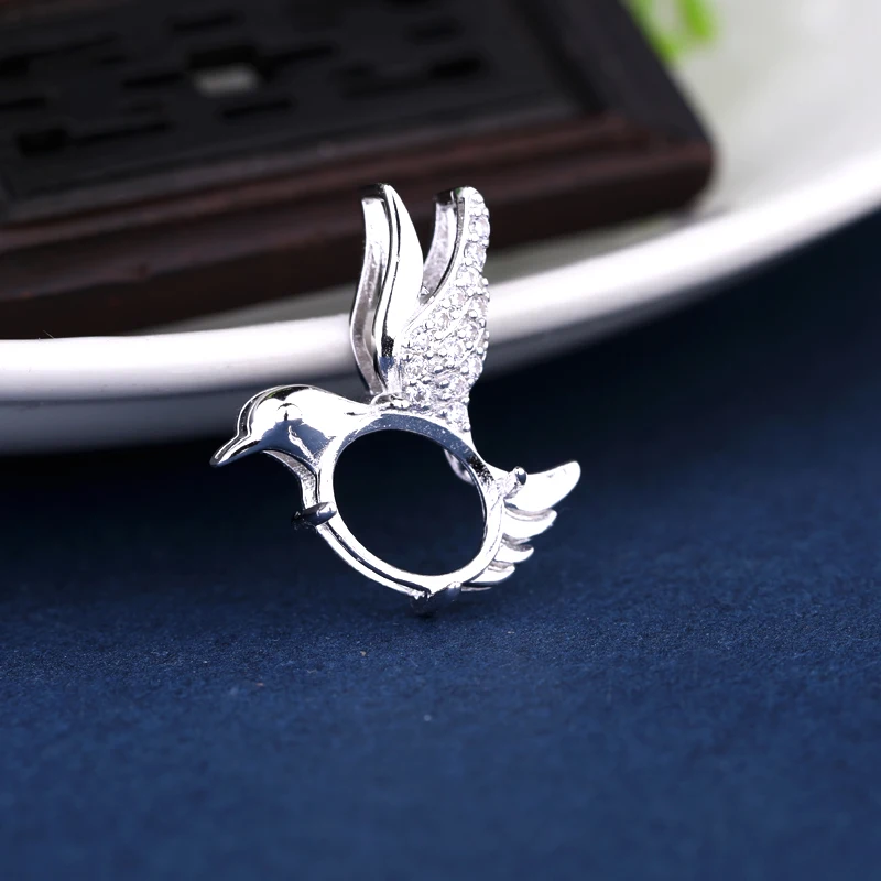 

925 Sterling Silver Women Bird Pendant CZ Cubic Zirconia 8x9mm Oval Cabochon Semi Mount Pendant Gemstone Setting