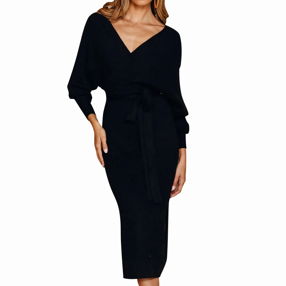 

Sale Slim Backless Cross Criss Autumn Knit Sweater Midi Long Dresses Bodycon Party Sexy Women elegant side Split Vestidos