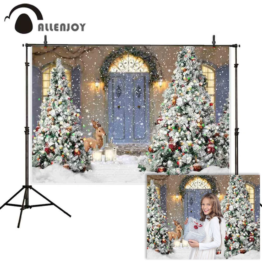 Фотофон allenjoy фоны Рождественская елка зима снег олень деревянная дверь Семейные