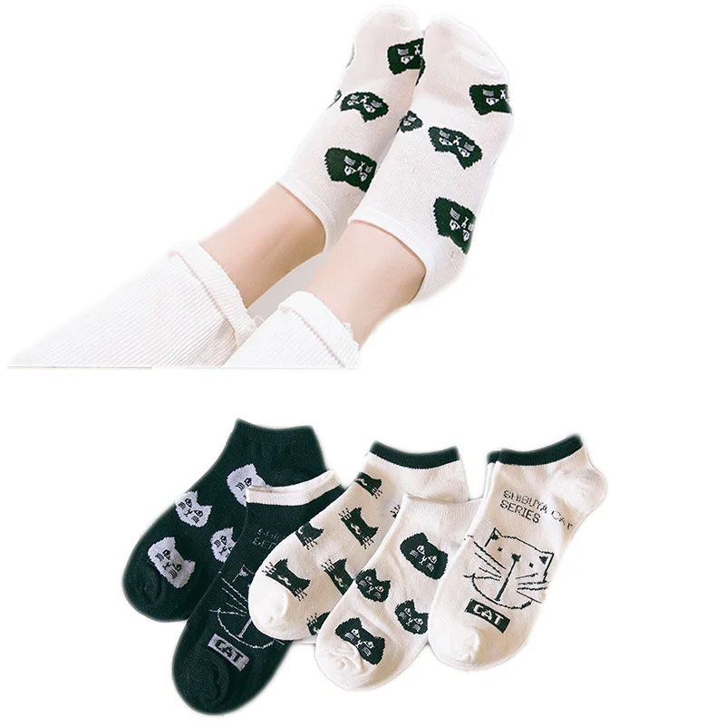 Милые хлопковые носки с животными Женские летние короткие Kawaii Цвет белый черный
