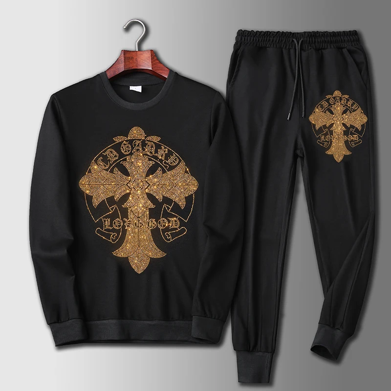 

Роскошные Стразы Ретро мужские спортивные костюмы с круглым вырезом комплект из 2 предметов свитшот + Брюки Повседневная мужская одежда спо...