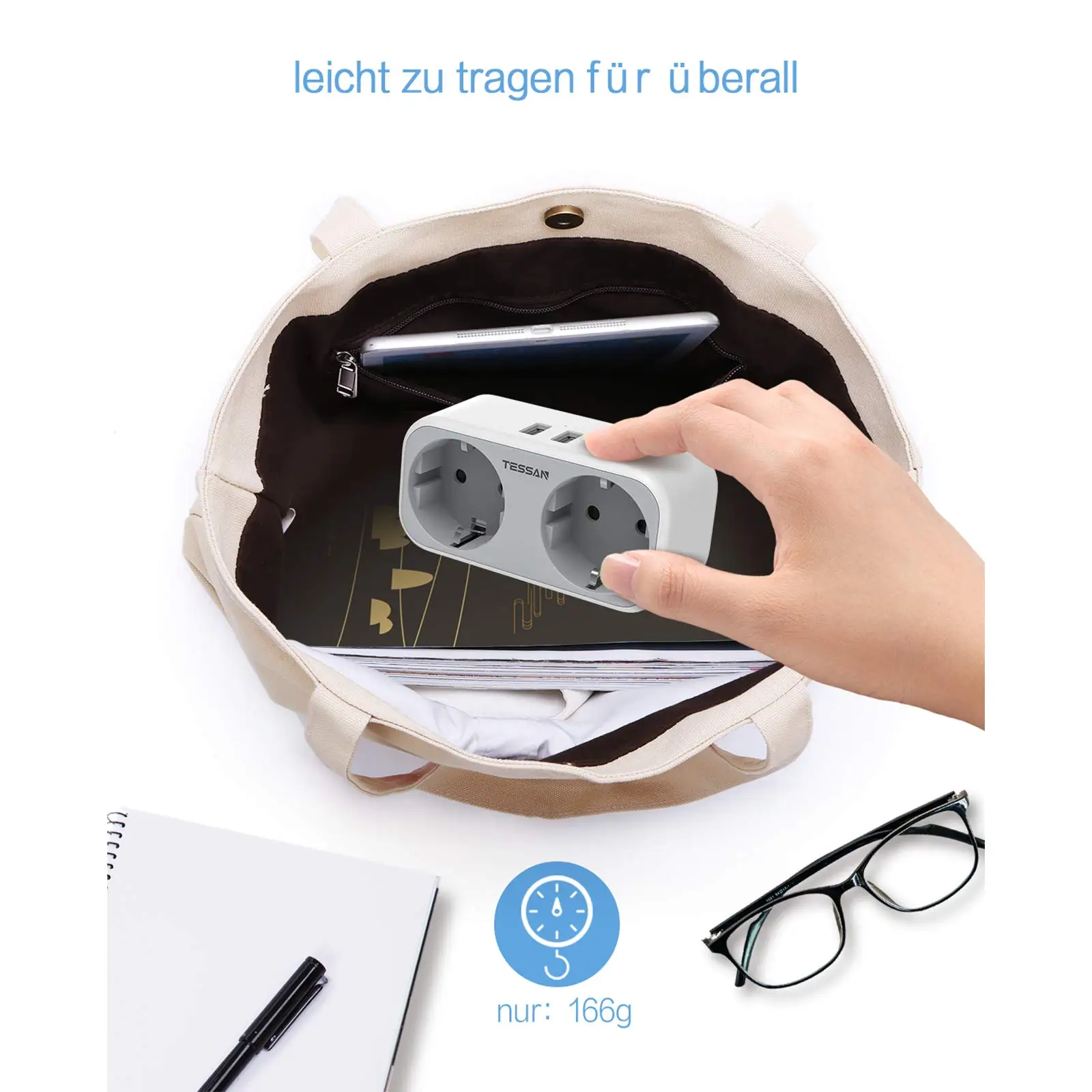 Сетевой адаптер TESSAN серый/белый/черный с 2 розетками переменного тока и USB-портами