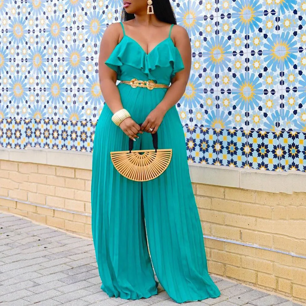 

2021 Summer European American Women's Fashion Jumpsuit Sexy Sling Pleated Wide Leg Pants Ruffled Solid Color V-neck High Waist