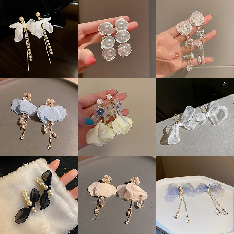 

Flower Bowknot Beaded Imitation Pearl White Drop Earring Tassel Elegant Rhinestone Metal Dangler Trendy Party Women Jewelry Gift