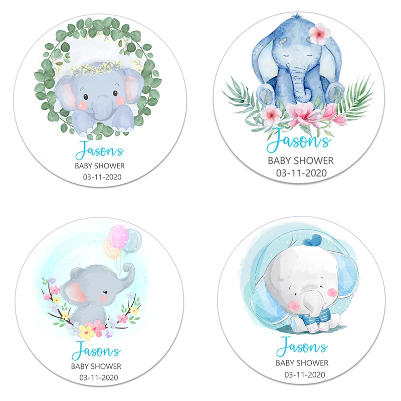 Elephant Personalized Baby Shower Round Stickers Customize Name Date Text Favor | Дом и сад