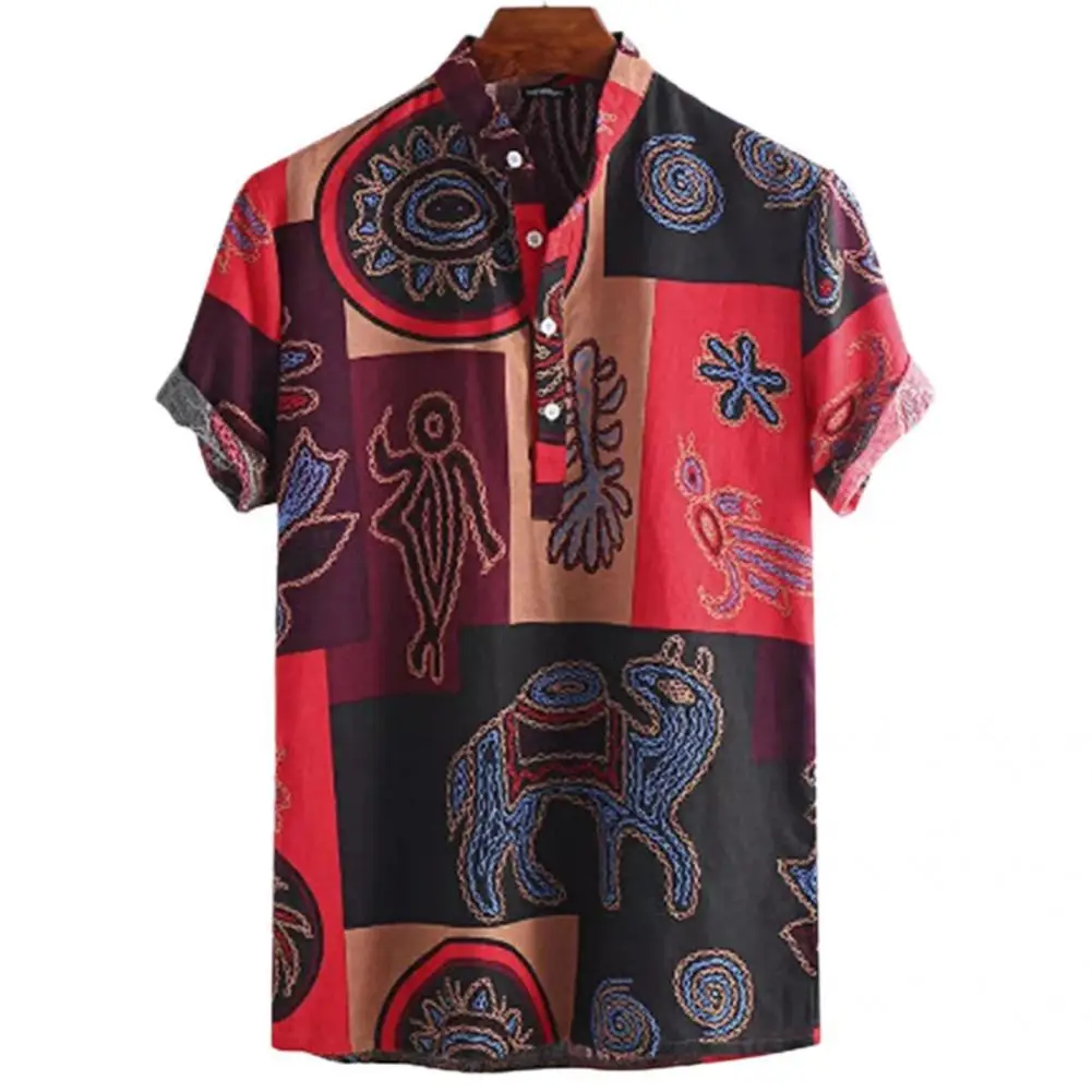 

50% Dropshipping!!Short Sleeve Men Shirt Stand Collar Casual Retro Printing Ethnic Style Pullover Shirt Beachwear
