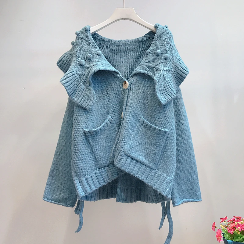 H.SA Women Winter Oversized Sweater Cardigans Big Collar Ruffles Loose Jumpers Green Beige Cardigans Feminino Button Up