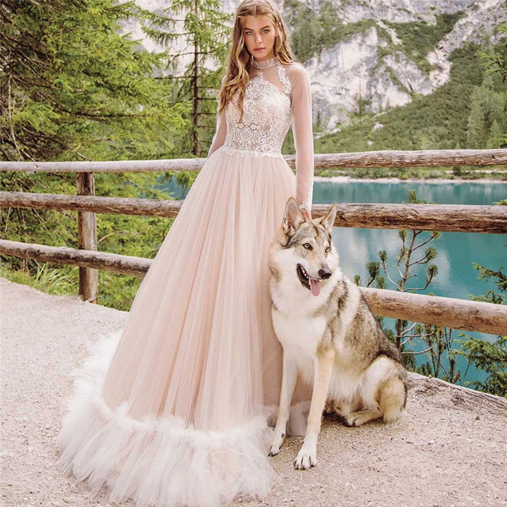 

Princess A-Line High Neck Wedding Dress Tulle Appliques Long Sleeve Zipper Sweep Train 2021 Bride Gowns Vestido De Noiva