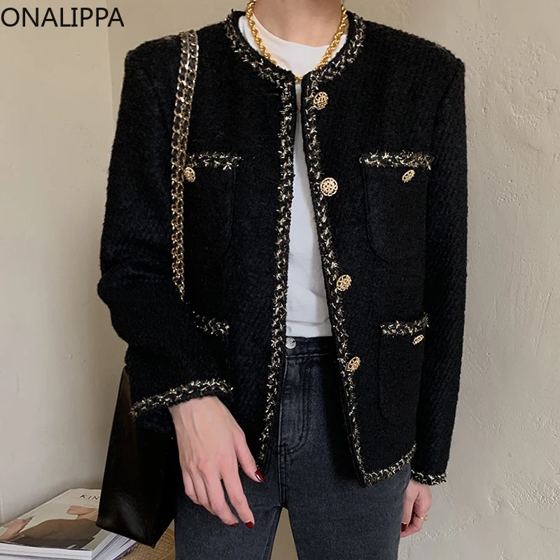 

Женское твидовое пальто ONALIPPA, элегантная Свободная куртка во французском стиле с длинными рукавами и множеством карманов, осень 2021