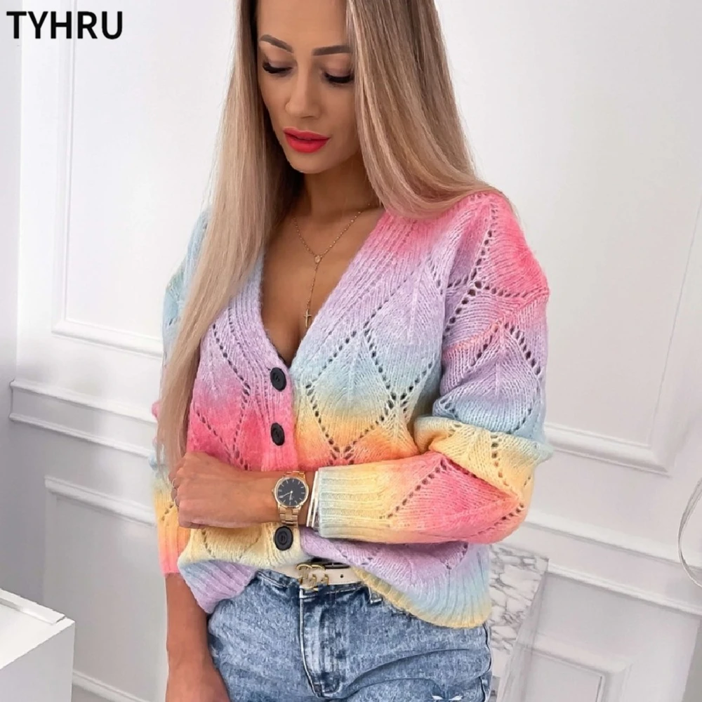 

TYHRU Rainbow Knitted Cardigan Sweater Female Sweet Single-breasted cutout Sweaters Long Sleeve Candy Casual Cardigans