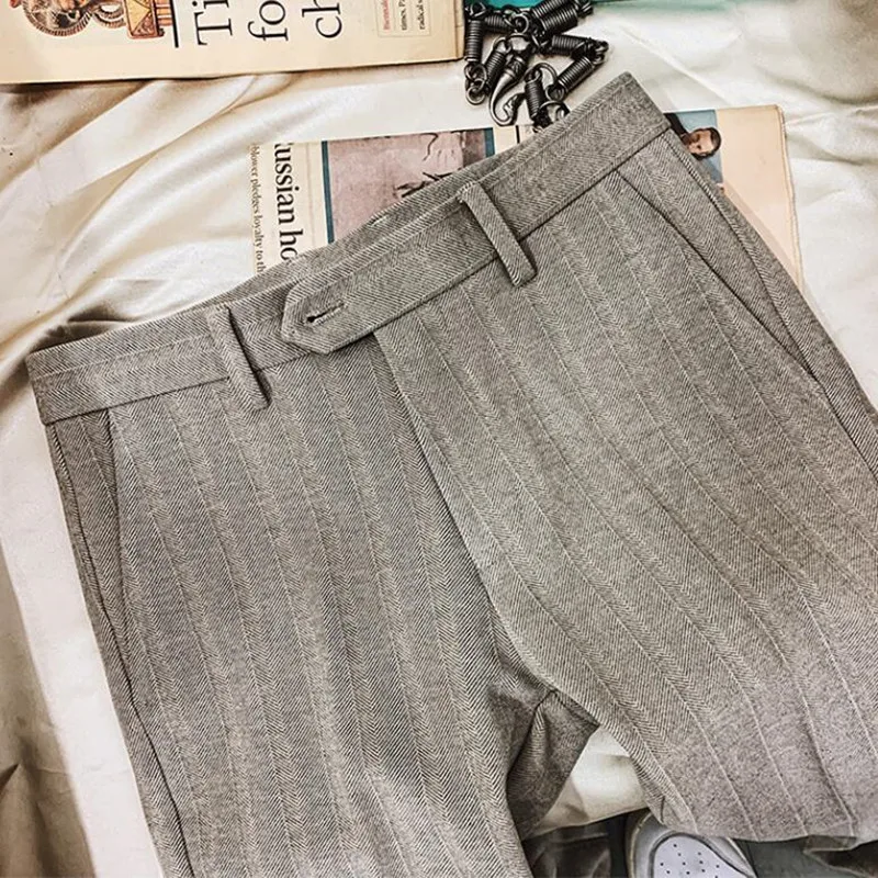 

2021Autumn Winter Men Striped Dress Pants Woolen Warm Business Formal Social Suit Pants Casual Slim Fit Cigarette Trousers 28-38