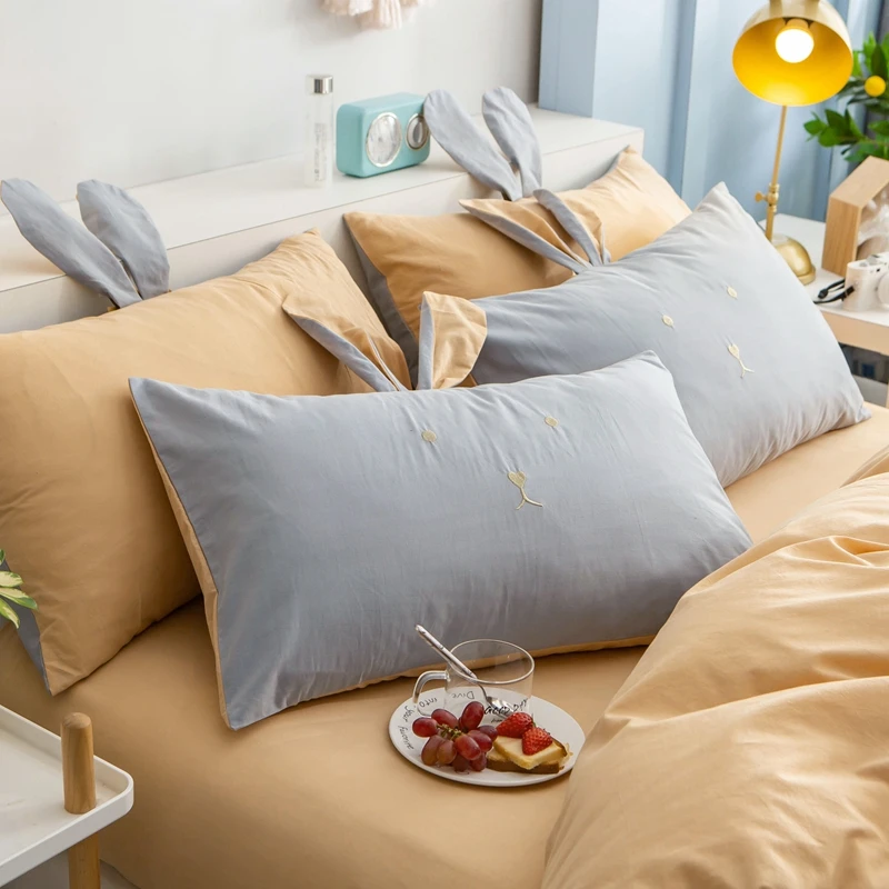 Cute Big Ear Rabbit Embroidery 100% Washed Cotton Girl Bedding Set Full Queen King Duvet Cover Bed Sheet/Linen Pillowcase 3/4pcs | Дом и сад