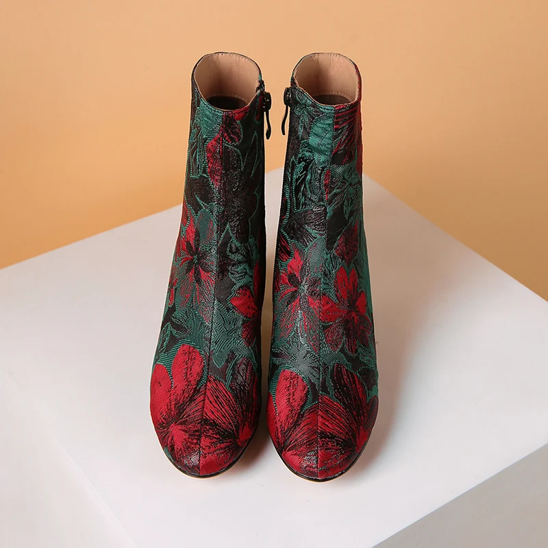 Новые винтажные женские ботильоны TXCNMB с круглым носком и вышивкой на высоком