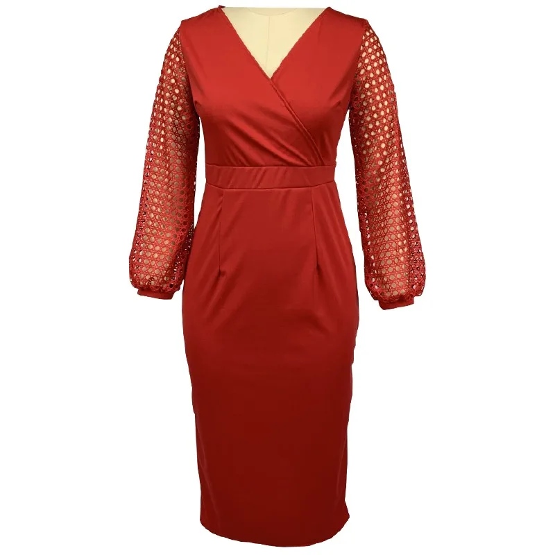 

Elegant Spring Summer Lantern Full Sleeve Dress Women 2021 Casual Female Deep V-neck Collar Sexy Hollow Out Long Party Dresses