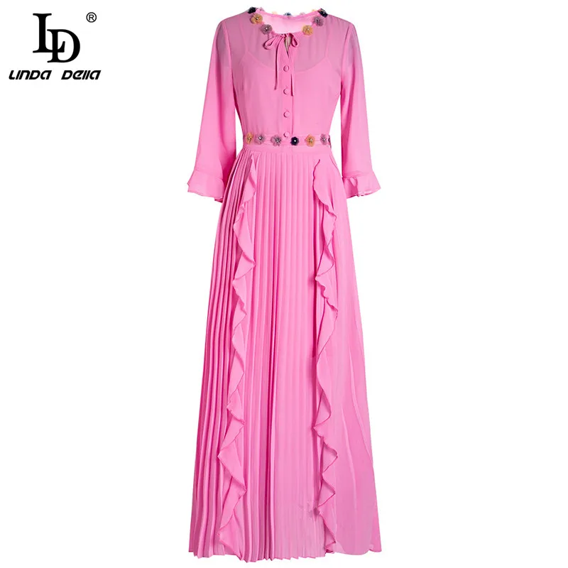 

LD LINDA DELLA Elegant Summer Fashion Runway Women Dress Butterfly Sleeve Lace Ruffles Bohemian Solid Pink Ladies Midi Dresses