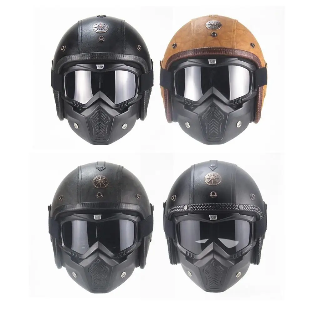 

Vintage Detachable Glasses And Mouth Filter Retro Mask Half Open Face Motorcycle Helmets 3/4 Leather Helmet