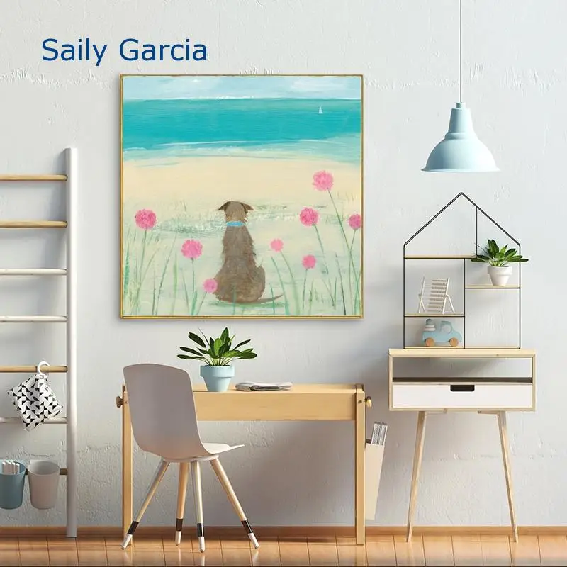 

Cartoon Canvas Painting Seaside Flower Bush Pet Dog Watercolor Hand-Painted Wall Art for Kids Baby Room Scandinavian Home Decor