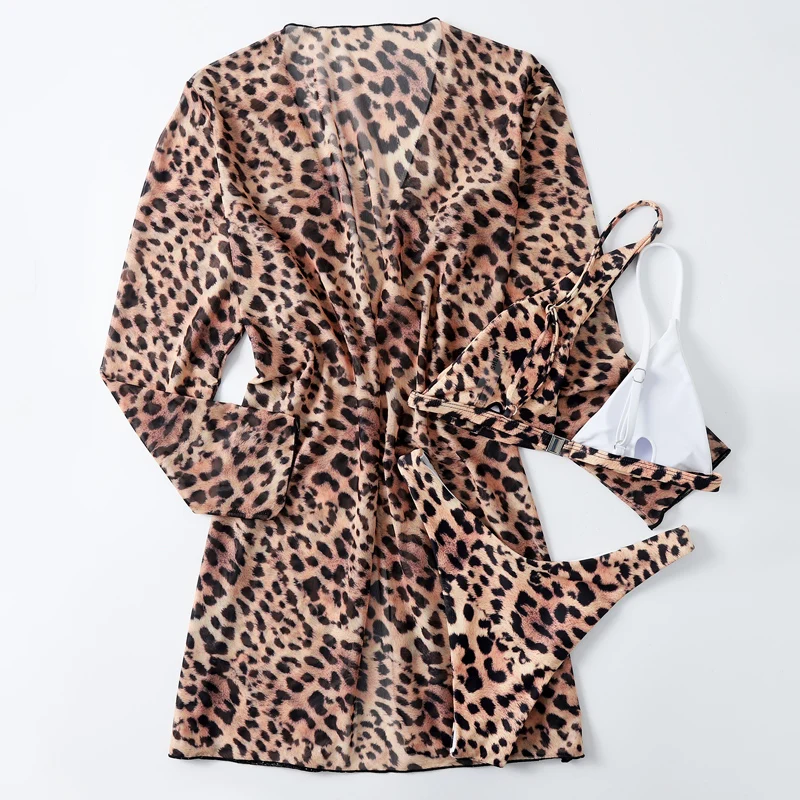 3 предмета Плавание костюм принт бикини с высокой талией одежда Cover Up ванный