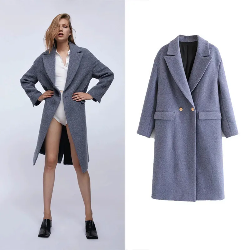 2020 Fashion Double Breasted Loose Woolen Coat Autumn Winter Jacket Women Long Sleeve Pockets Female Outerwear Chic Overcoat