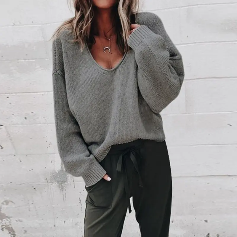 

Casual Knitted Sweater Women Streetwear V Neck Long Sleeve Pullovers Loose Solid Coat 2019 Autumn Winter Women's Sweater