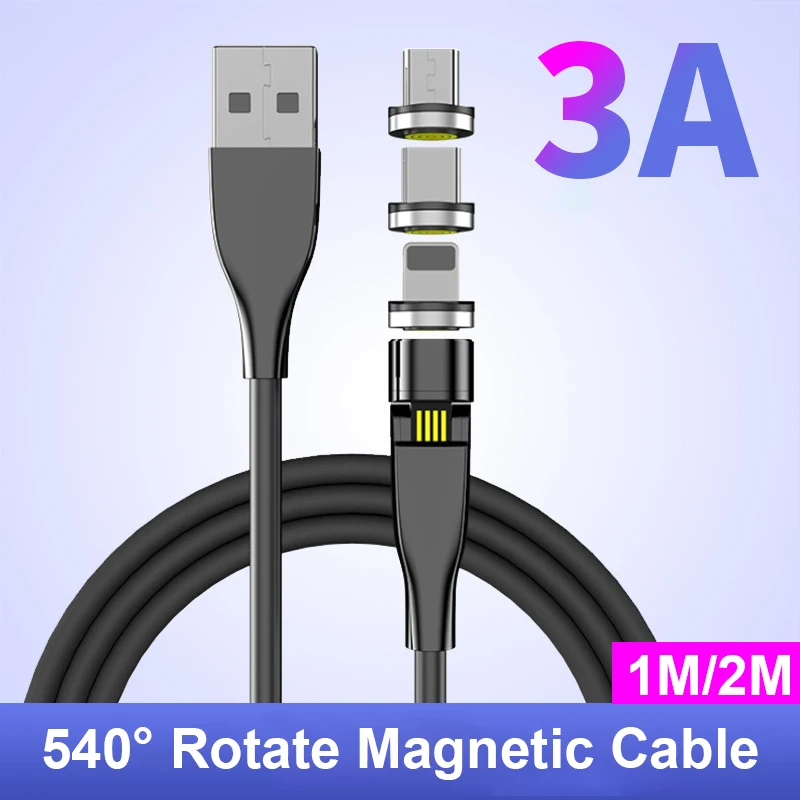 

540 Rotating Magnetic Cable Micro USB Type C 3A Fast Charging For iPhone 11 Pro Samsung Xiaomi 10 Huawei Mobile Phone Cable Cord