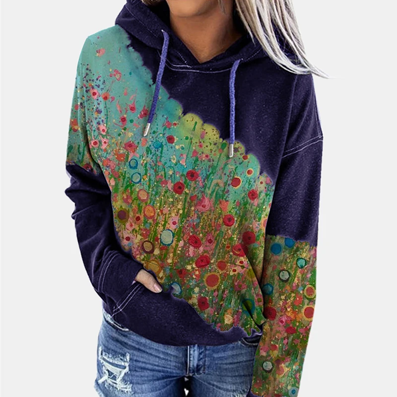 

2020 Autumn Casual Print Hooded Sweatshirt Vintage Patchwork Drawstring Pullover Top Fashion Women Long Sleeve Hoodie Streetwear