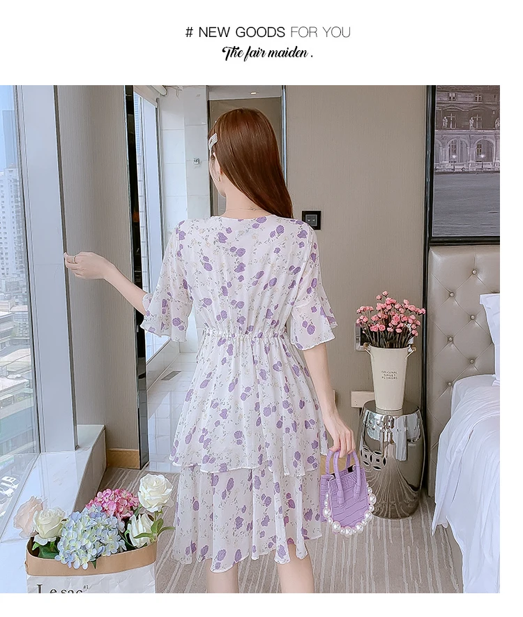 

Chiffon Loose Plus Size Women's Dress New Casual Dresses Fashion Short-sleeved Mid-length Floral V-neck Summer Houthion