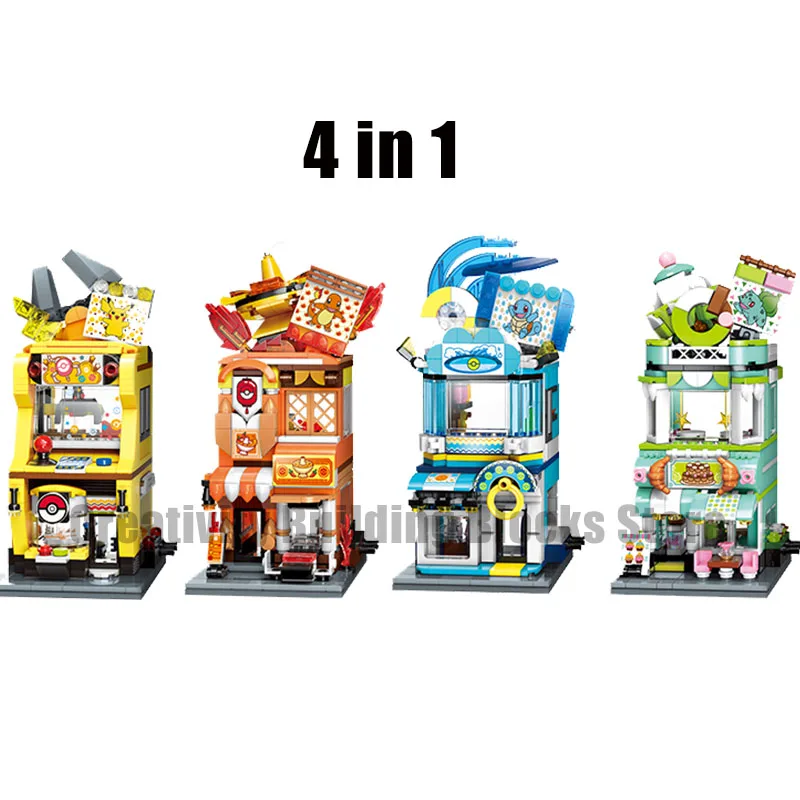 

4pcs 2020 New Pokemon Pikachu Street View Little Fire Dragon Hot Pot Shop Building Block Toy Model Set Children Christmas Gift