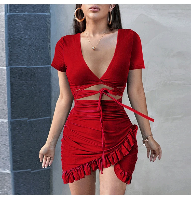 

2021 new summer irregular short skirt high waist V-neck sexy lace dress