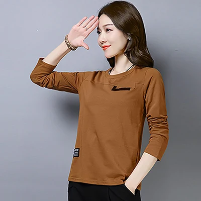 Camel t shirt Shintimes футболка с фальшивым карманом, футболка с длинным рукавом, женские топы, Повседневная футболка из хлопка, женская модная футболка размера плюс 4Xl, женская футболка - Цвет: Camel t shirt