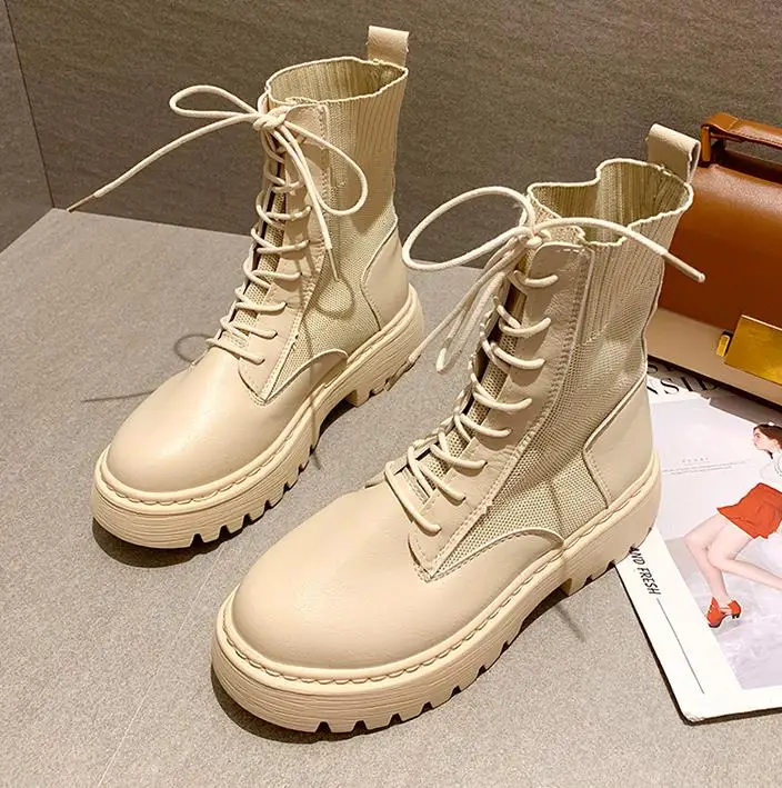 

Ankle Boots for Women Autumn knitted Motorcycle Boots Thick platform Shoes Woman stretch Round Toe Boots botas de mujer U45