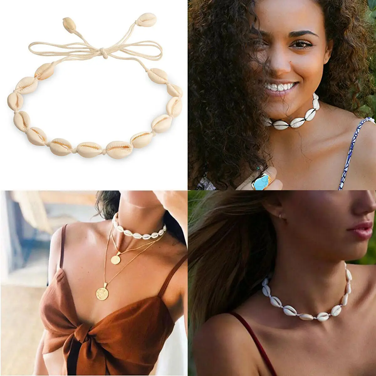 

Natural Cowrie Shell Beads Beaded Seashell Choker Tie Pendant Necklace Handmade