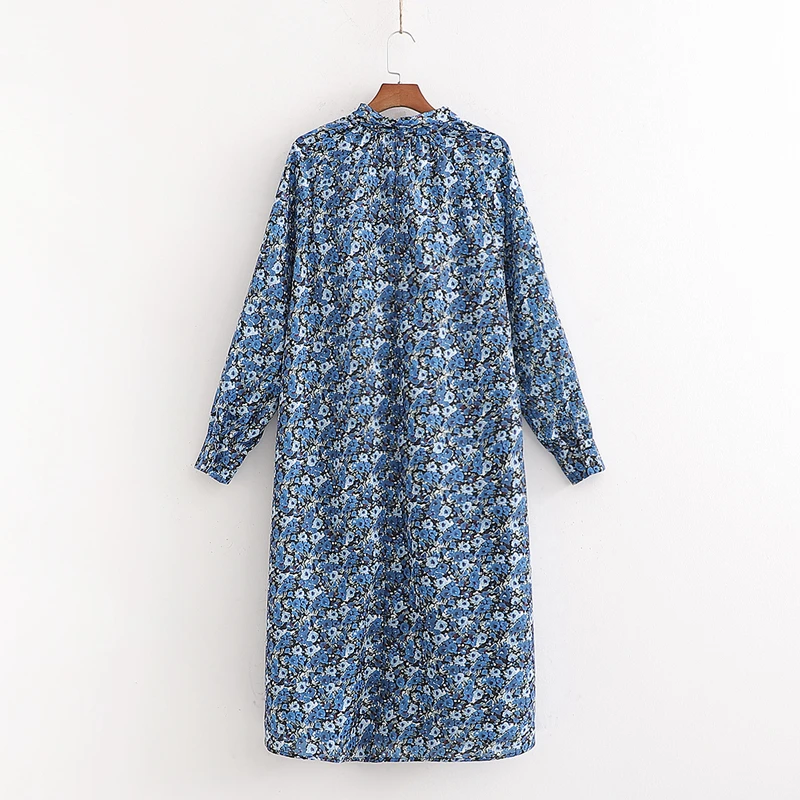 Женское атласное платье миди za синее Свободное с цветочным принтом и