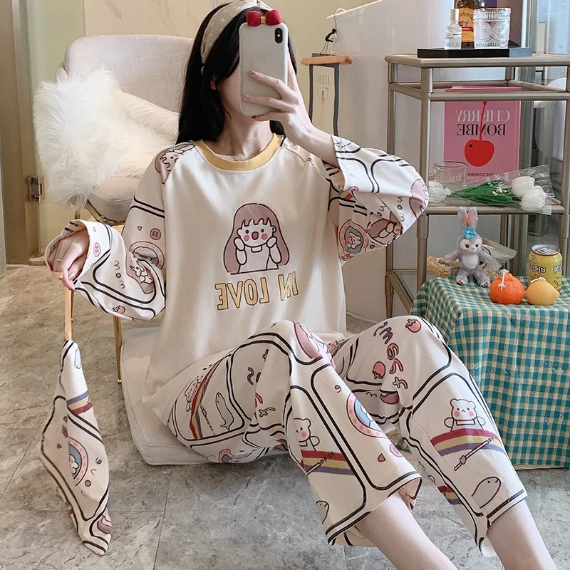 Женская Хлопковая пижама с длинными рукавами на весну осень клубничный комплект