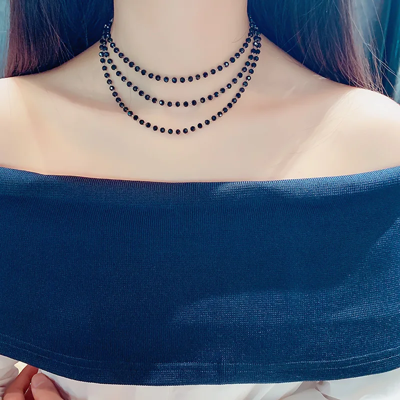 

Three layer crystal chain, collarbone chain, female net, red necklace, Choker collar sexy atmosphere, short neckchain girl