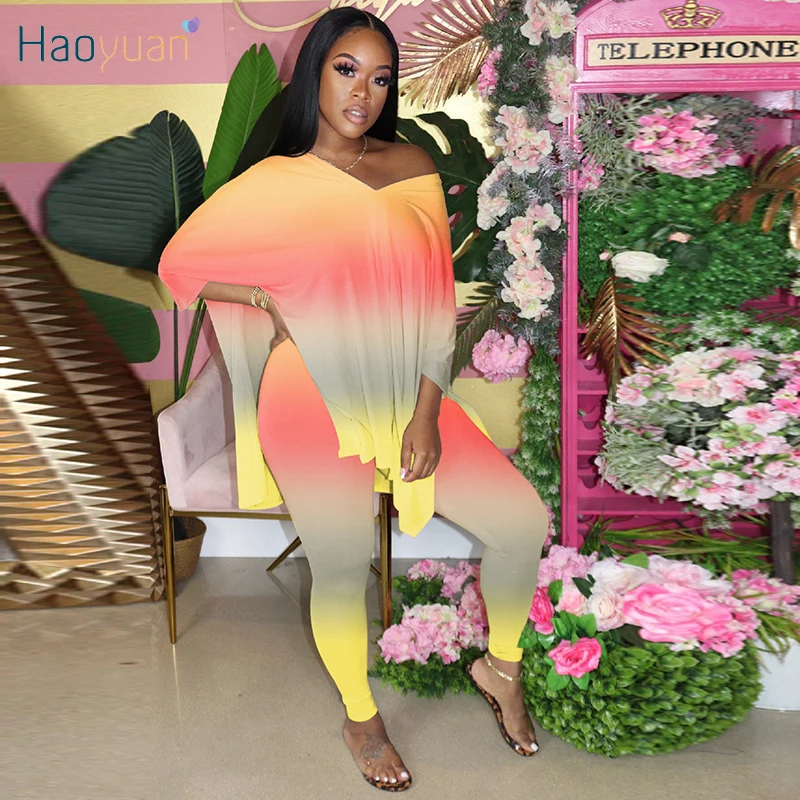 

HAOYUAN S-5XL Plus Size Gradient Two Piece Set Jumpsuit Fall Women Clothing Side Split Loose Top Pant Lounge Wear Club Outfits