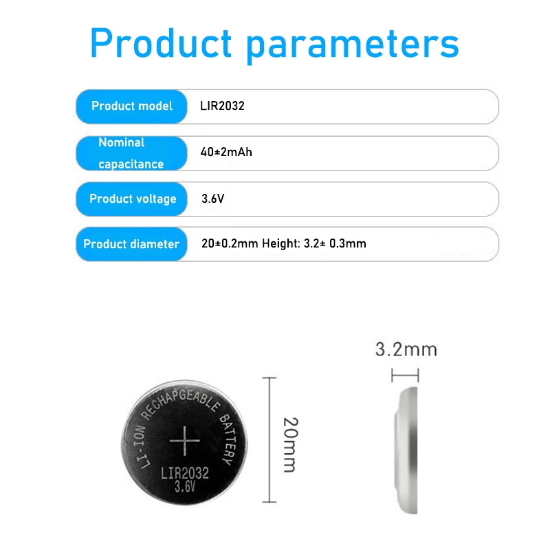 20PCS New LIR2032 Li-ion Rechargeable Battery 3.6V Lithium Button Batteries for Watch Computer Replaces LIR 2032 CR2032/ML2032 - купить по