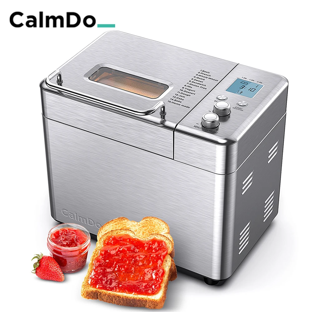 - CalmDo Stainless Steel 1KG 15-in-1 Automatic Bread Maker 600W
Programmable Bread Machine with 3 Loaf Sizes Fruit Nut Dispenser