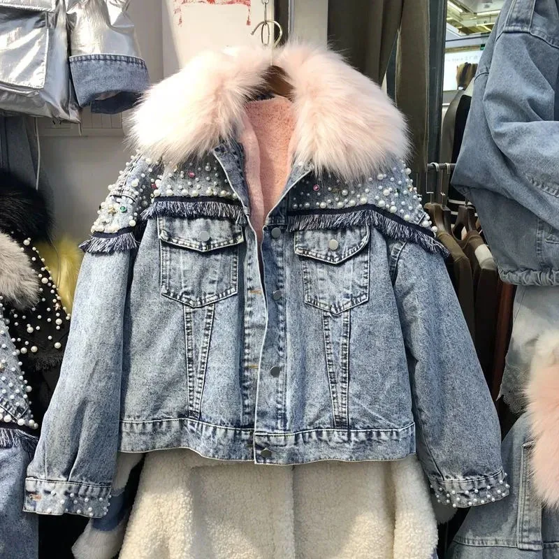 

Autumn Winter Black Denim Jacket Women Real Fur Collar Removable Inner Rivet Bead Loose Jeans Coat New Thickened Warm Parka Coat