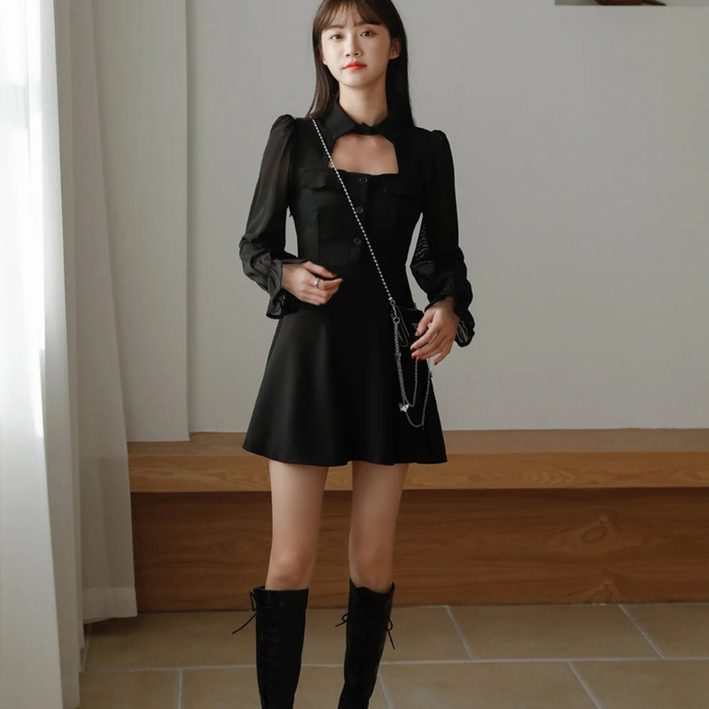 

Vintage Fashion Spring New Hollow Long-Sleeved Little Black Dress Female Waist Thin French Dress Retro High Waist A-Line Dresses