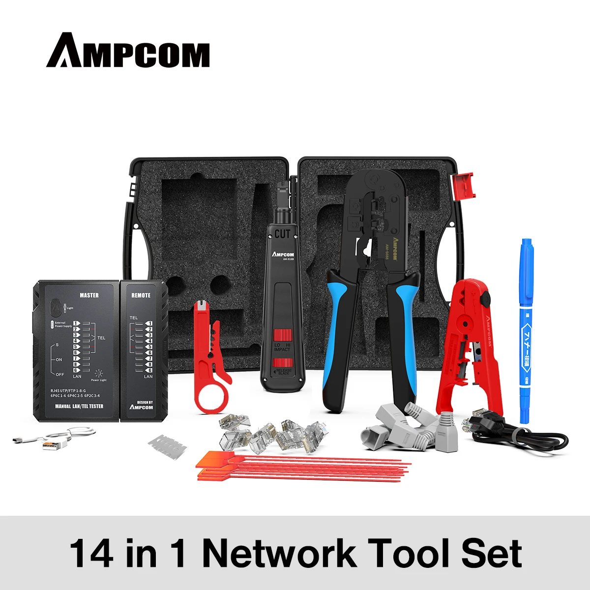 Комплект профессиональных сетевых инструментов AMPCOM 14 в 1 тестер кабелей Ethernet Rj45