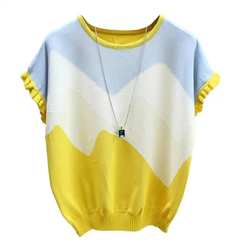 Свитер женский в стиле пэчворк трикотажный тонкий пуловер оверсайз с коротким