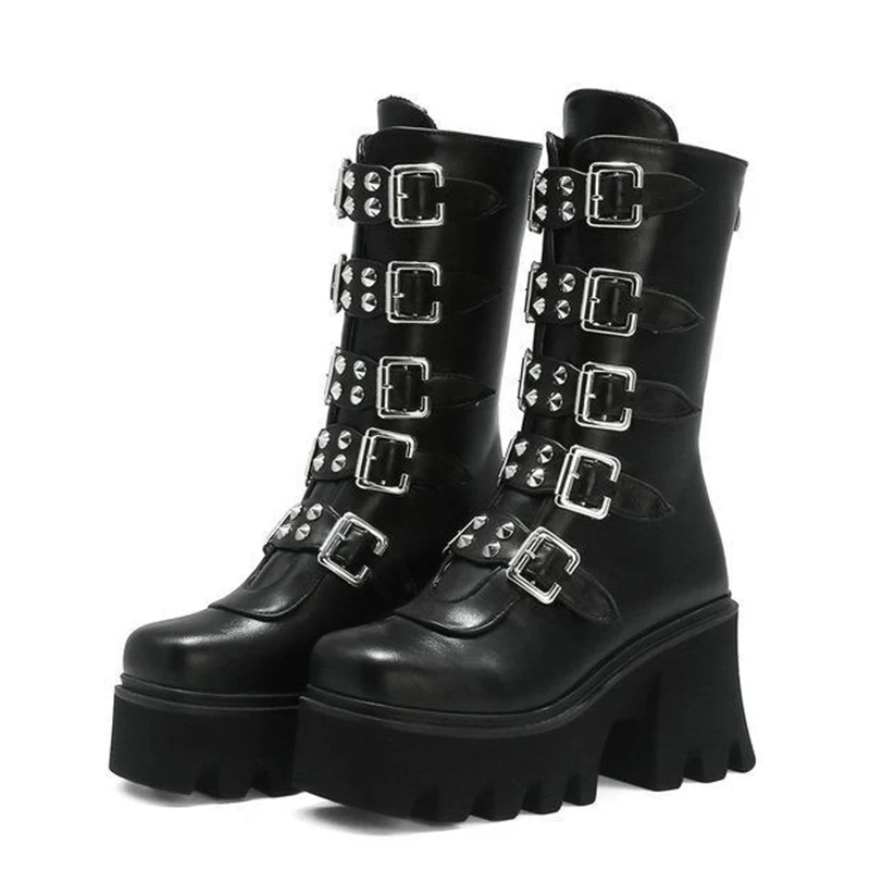 

Fashion Women Boots Black Buckle Women's Mid-Calf Boots Sexy Shoes Woman Platform Boots Ladies Comfortable Soft Chaussures Femme