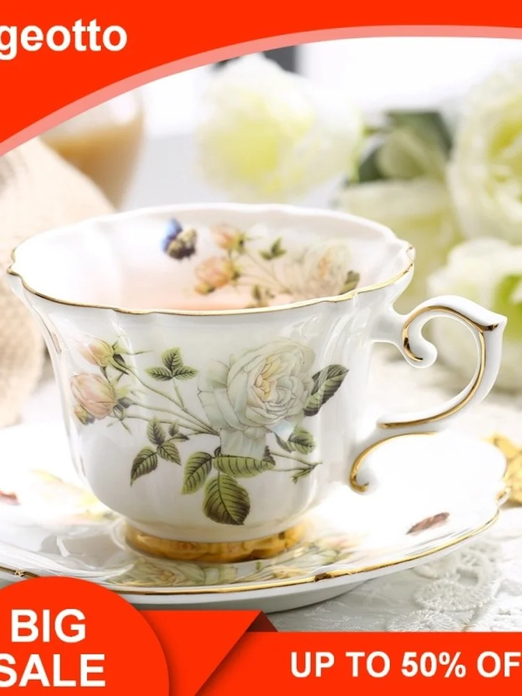 

Boreal Europe Style Bone China Porcelain Coffee Cup Pastoral White Rose English Afternoon Teacup and Saucer Set Gift Box